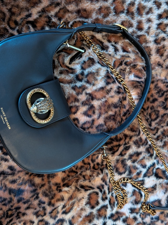 Kurt Geiger Handbags - Kurt Geiger Dark Brown Leather Shoulder Bag with Gold Chain & Crystal Buckle